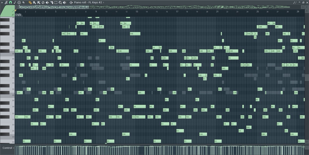 Dense MIDI note arrangement before simplification