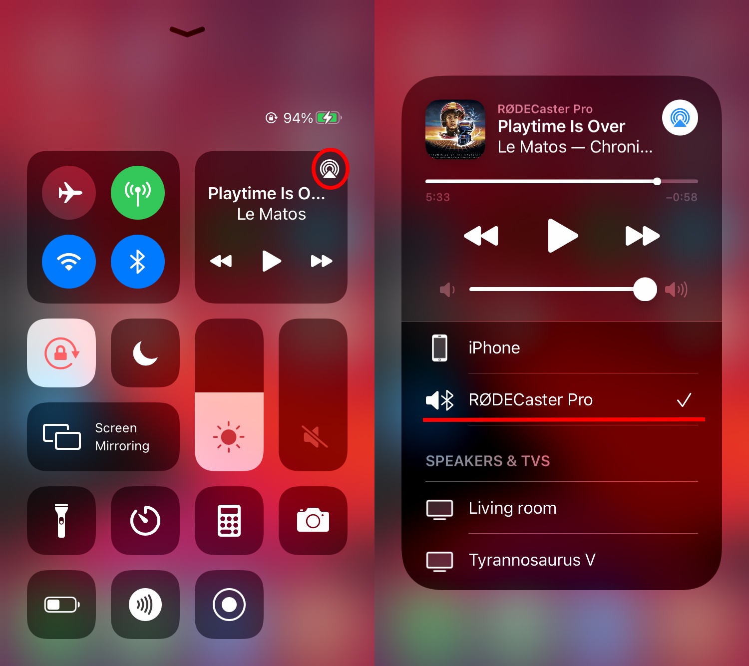 Audio output selection in iPad Control Center